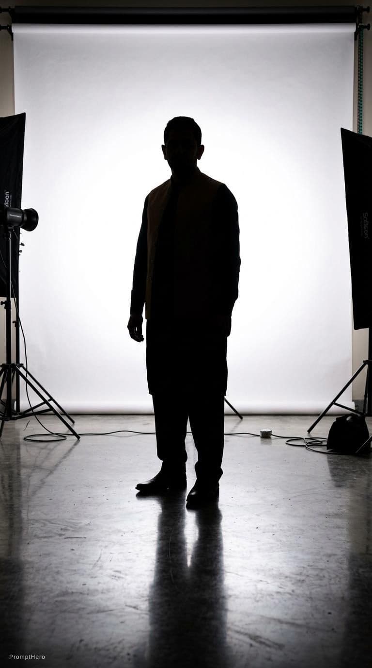 AI generated: Capture a male model's silhouette, white backdrop in photo studio, strong backlit lighting creating ...