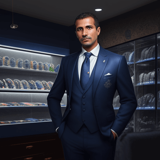 AI generated: Brazilian man, 45 years old, businessman, owner of a plush machine establishment, wearing navy blue ...