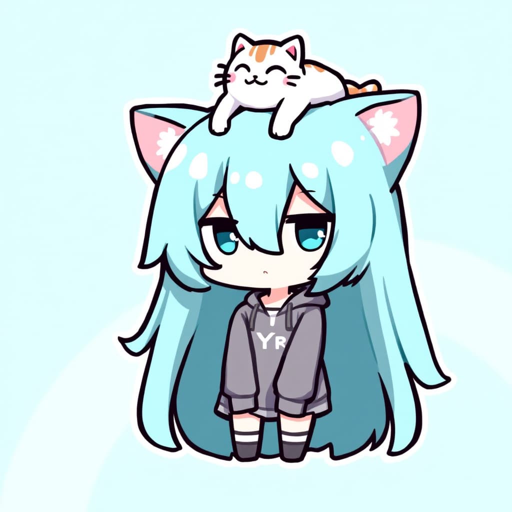 AI generated: best quality,Teal theme,outline,
(chibi:1.2),(absurdly long hair,gradient hair:1.2),cat on head,
<lo...
