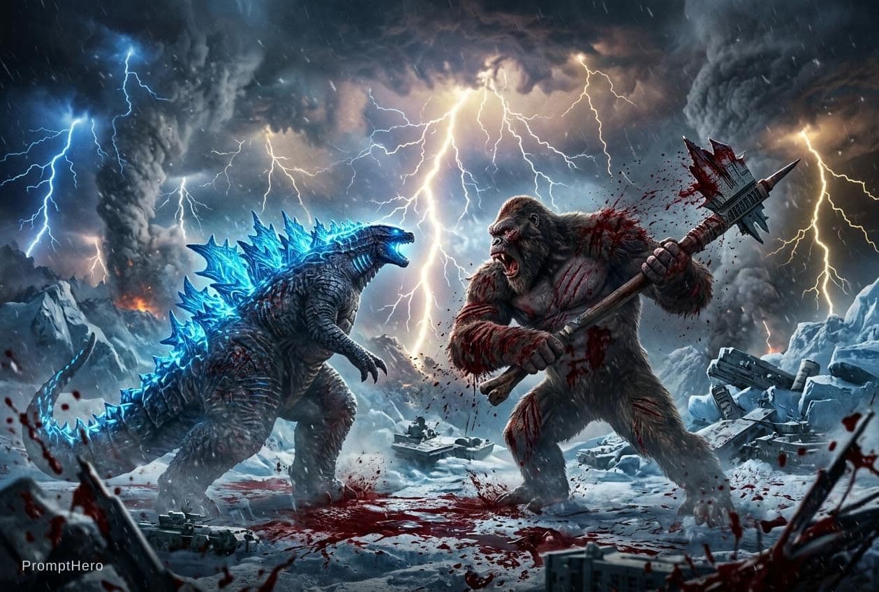 AI generated: A very big fight with a. King kong and in background many of thunder storms and having very blood