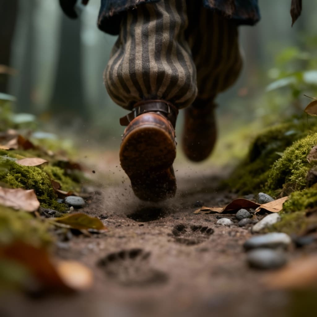 AI generated: Low cinematic shot, camera at ground level. Only the character's feet and footprints are visible (ma...