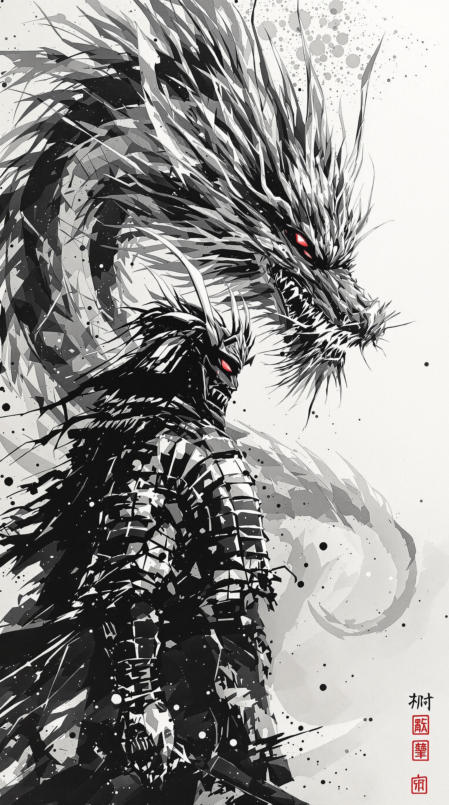 AI generated: Japanese samurai in front of a dragon, in the style of minimalist ink wash, 2d game art, witchcore, ...