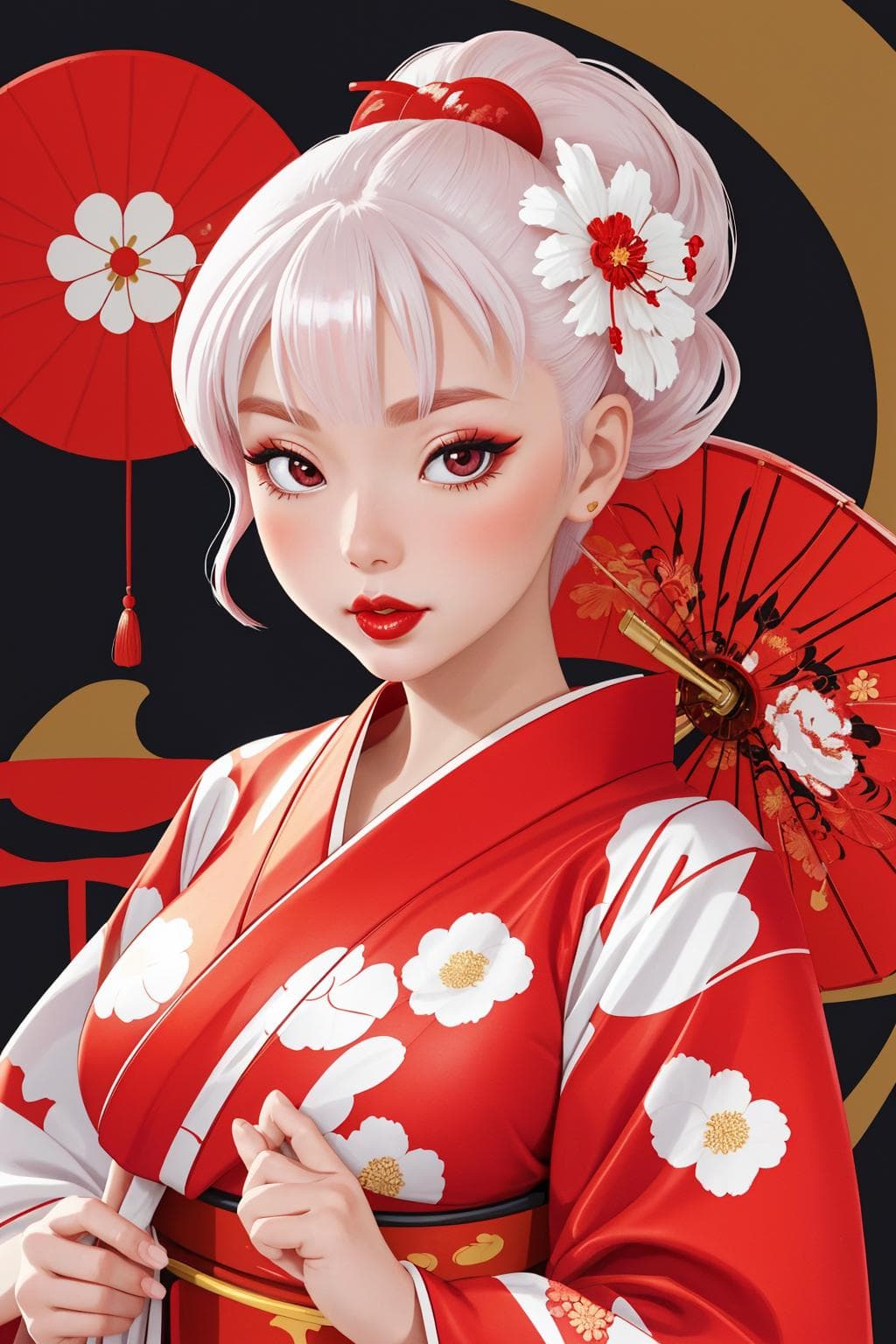 AI generated: Masterpiece, 4K, beautiful, kimono, red, white flower pattern,silk kimono, shiny kimono,red kimono b...