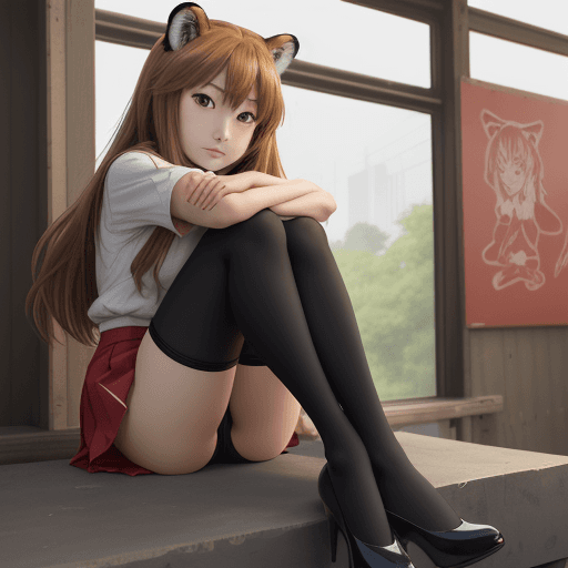 AI generated: masterpiece, taiga aisaka, smug, cute face, anime, anime face, sit on tank, hold, hug, red school un...