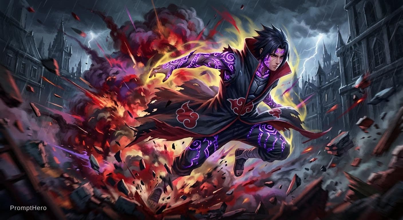 AI generated: "painterly style, male character looking like Itachi at war, wearing akatsuki suit, character design...