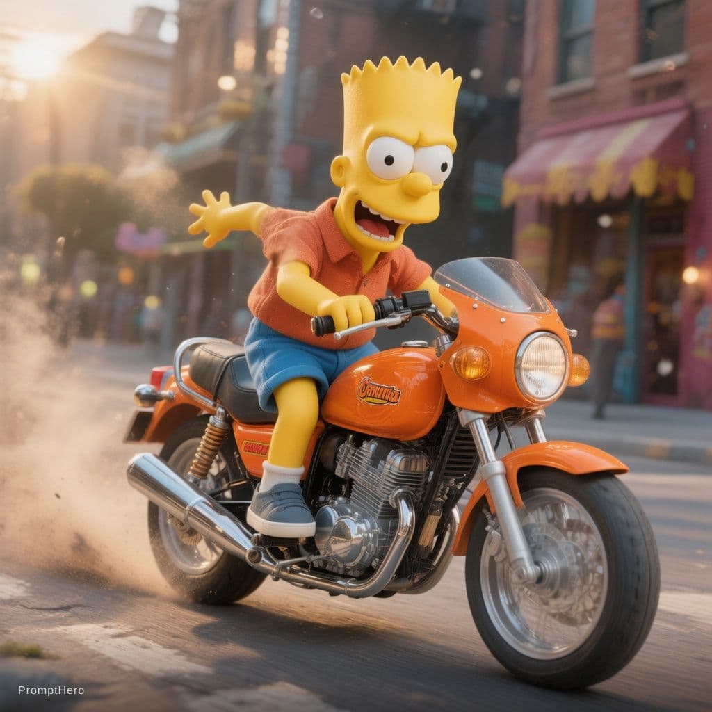 AI generated: bart simpson 3d remera negra 3d en motocicleta naranja 3d

