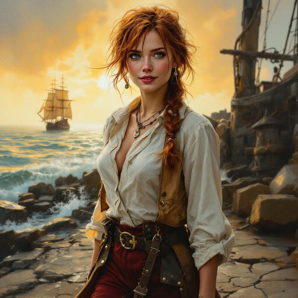 AI generated: (oil painting:1.2), (resilient female pirate captain:1.3), inspired by a real woman with light green...