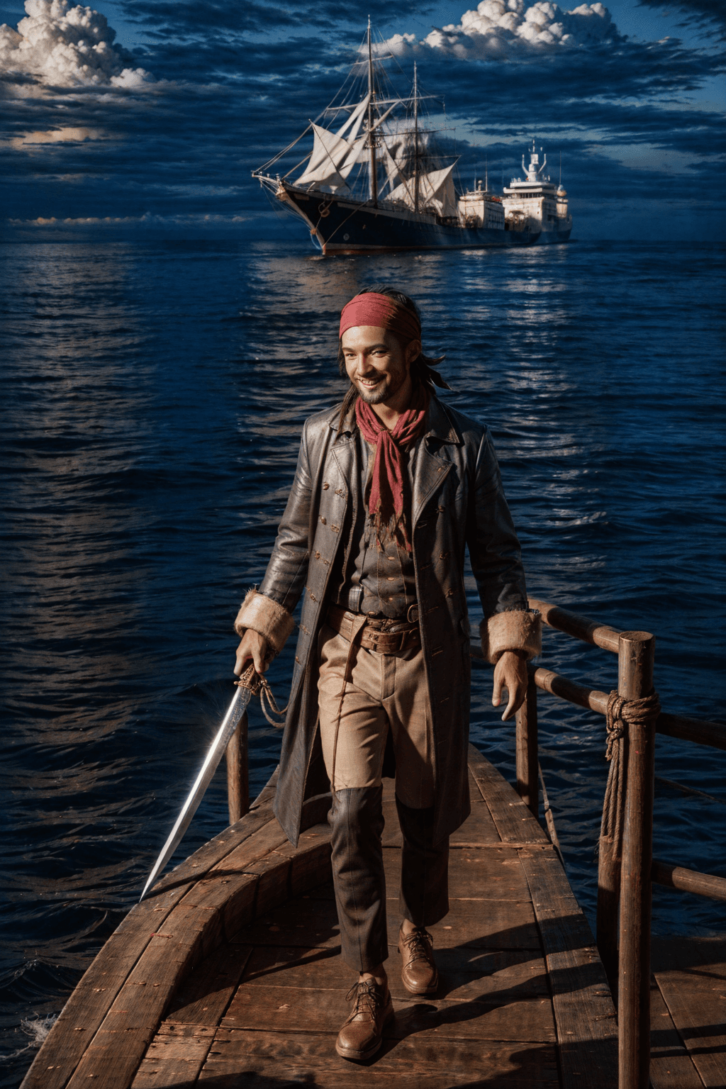 AI generated: Head to toe image ,old pirate male standing on deck of vessel ,grinning,black bandana on head, foot ...