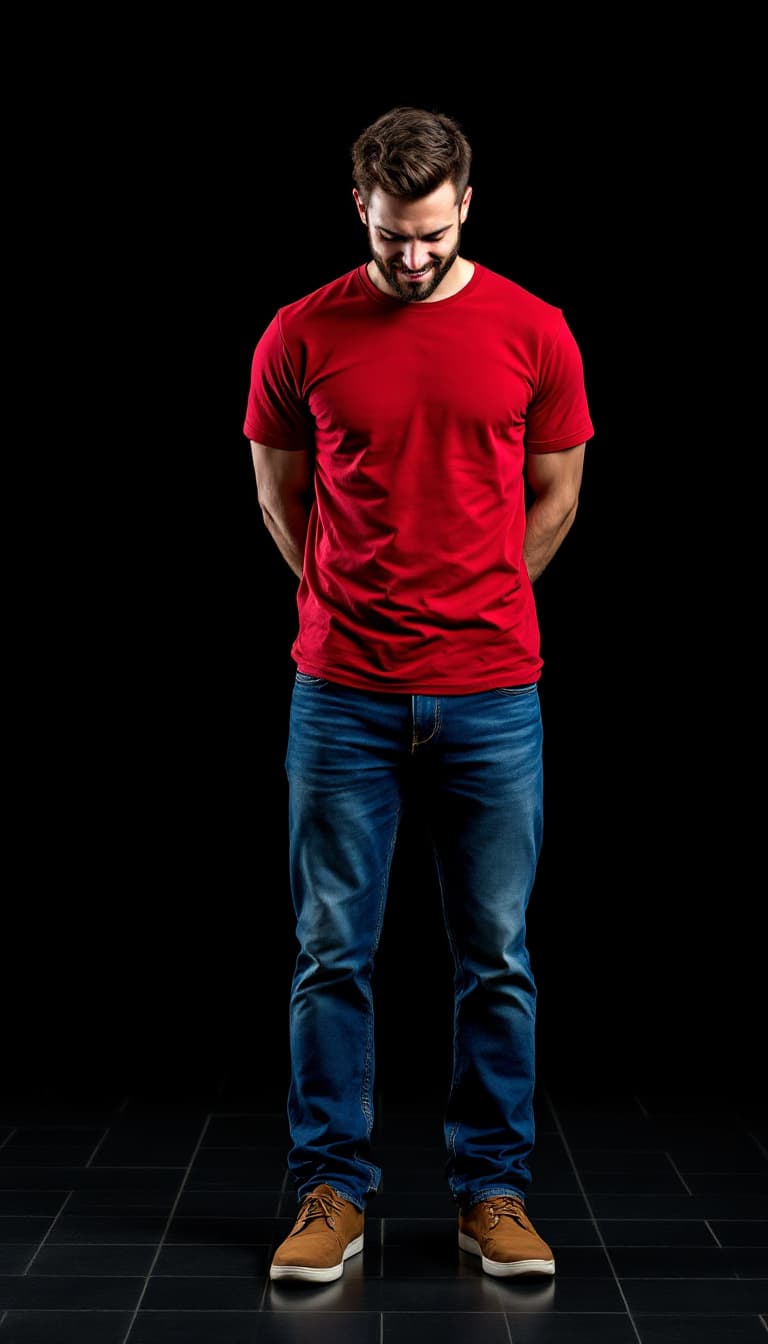 AI generated: photograph of a handsome, happy caucasian man, head tilted down, standing with his hands behind his ...