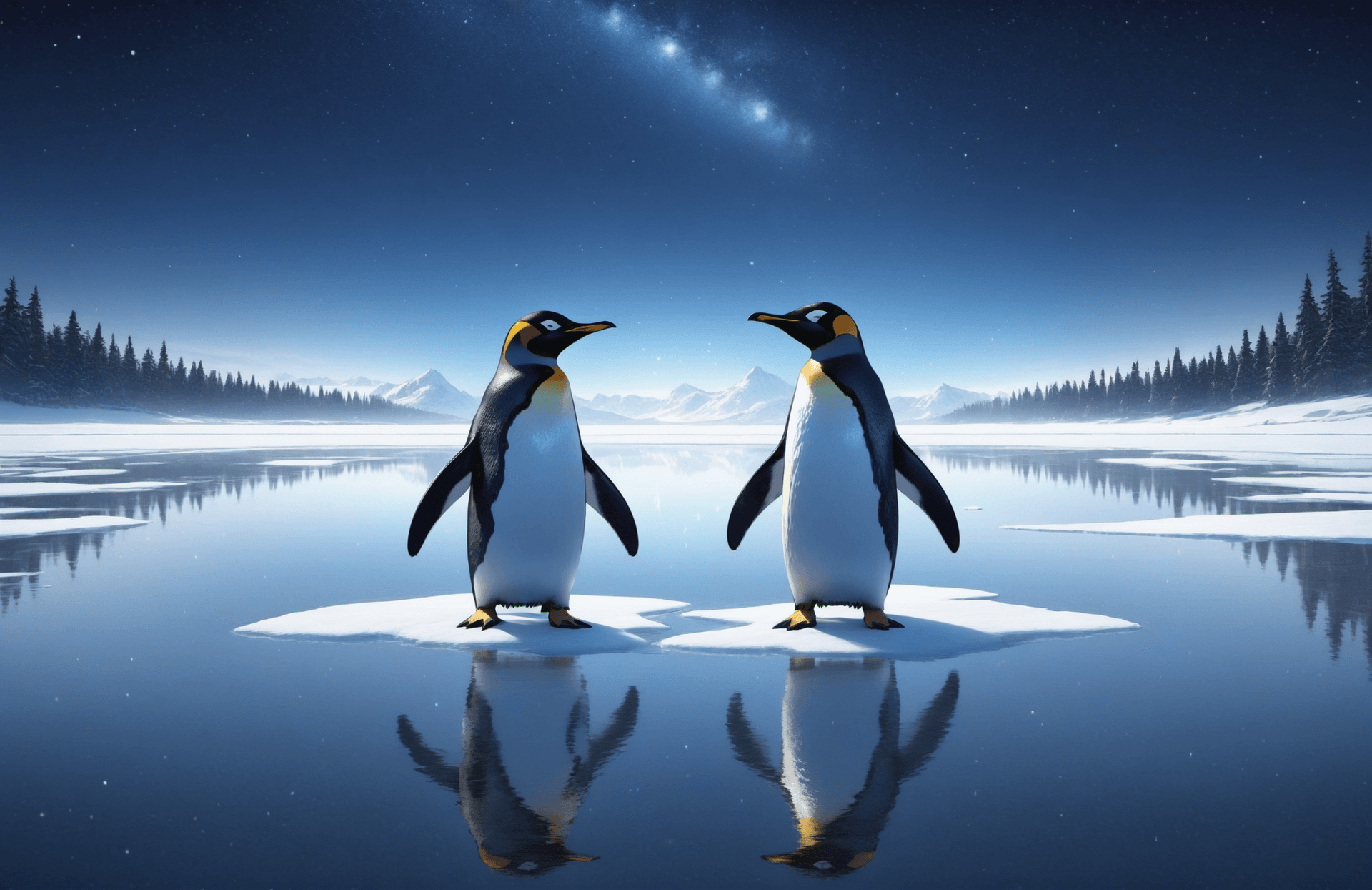 AI generated: pair of magical young penguins by a frozen lake, looking at the earth, reflection on lake, realistic...