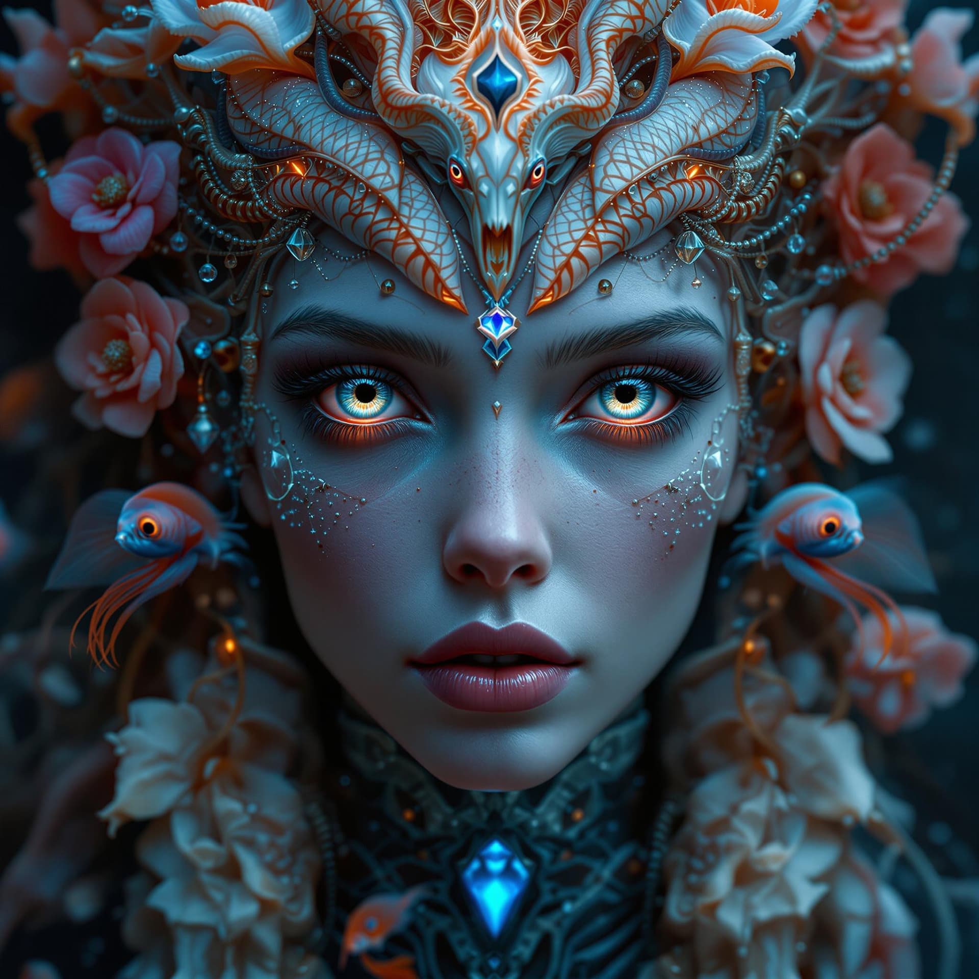 AI generated: Female elf close-up portrait ribcagel. jellyfish phoenix head, nautilus, orchid, skull, betta fish, ...