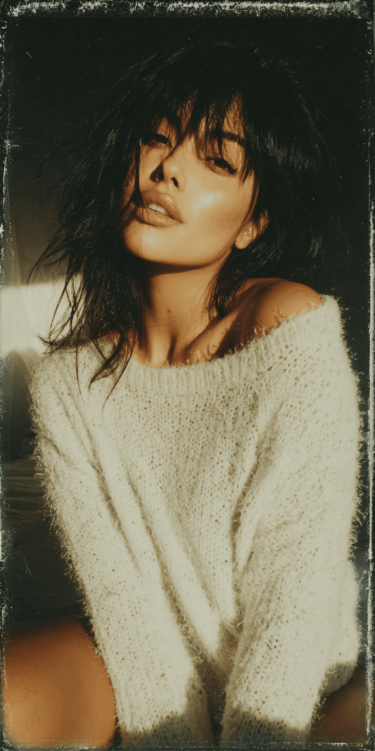 AI generated: Photograph of an Asian woman with long hair, bangs, and a white sweater, medium-length hair, natural...