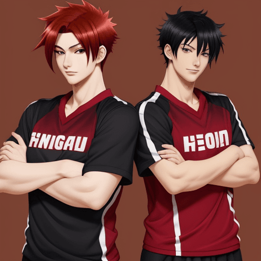 AI generated: anime guy with black hair and anime guy with red hair in volleyball uniform