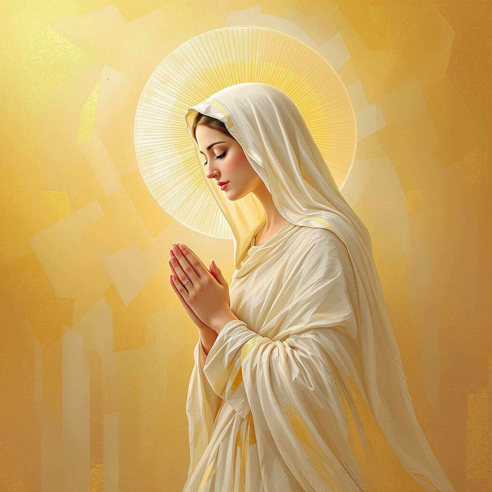 AI generated: A luminous religious artwork of the Virgin Mary, shown in a side profile with her hands folded in pr...