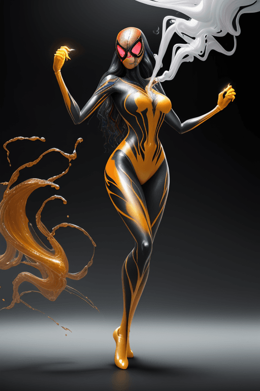 AI generated: spiderwoman in full body, liquid cooling, hot show, beautiful, elegant, white gradient with orang, y...