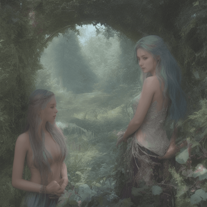 AI generated: a fantastical scene featuring mythical creatures and women in a lush, green landscape. Two women in ...
