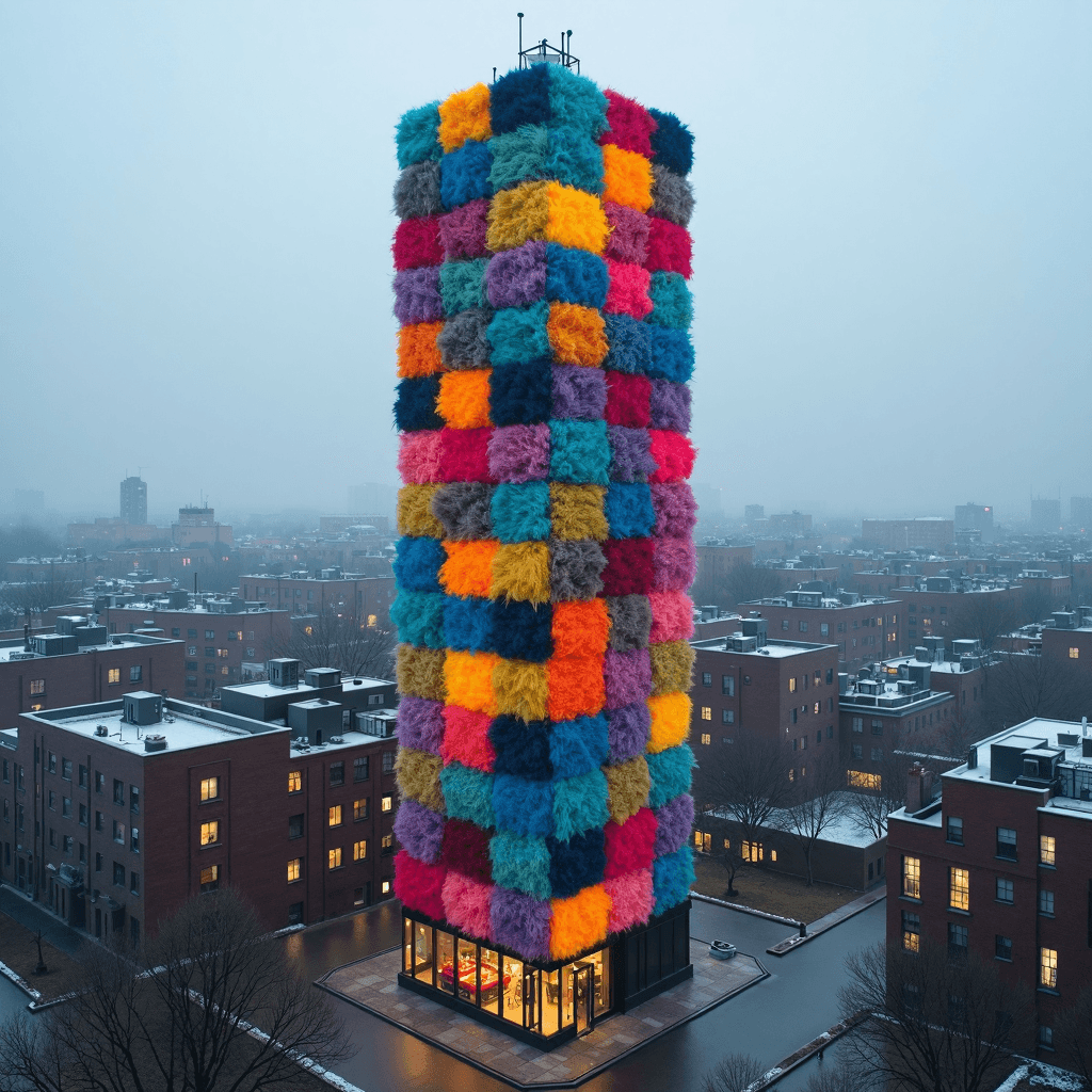AI generated: in the middle of boring city building and dull landscape there is a single tall unusual skyscraper e...