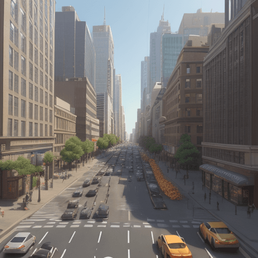 AI generated: Create a 3D Pixar animation style image of a busy city street during the day with a large bank in th...