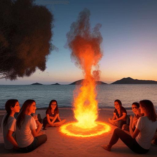 AI generated: una isla desierta con jóvenes alrededor de un fuego siendo felices
