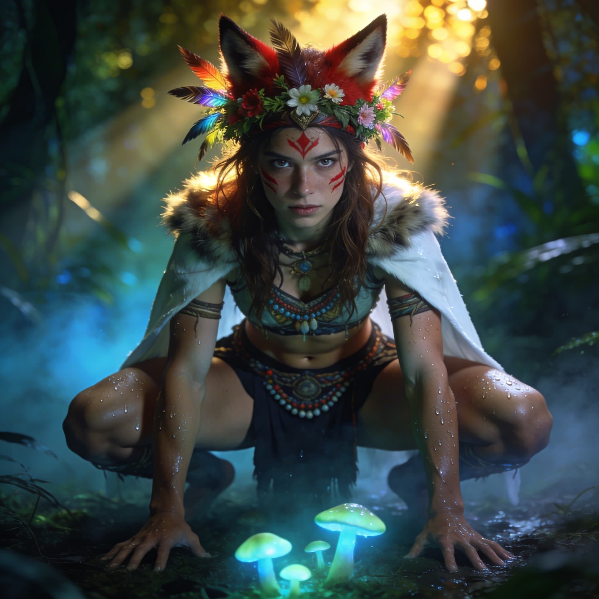 AI generated: Photorealistic tribal huntress, young attractive woman crouching low in misty jungle, powerful athle...