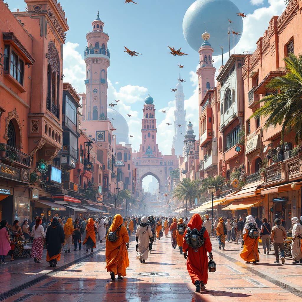 AI generated: High tech futuristic Street of the medina in marrakech with cultural fusion, high tech buildings wit...