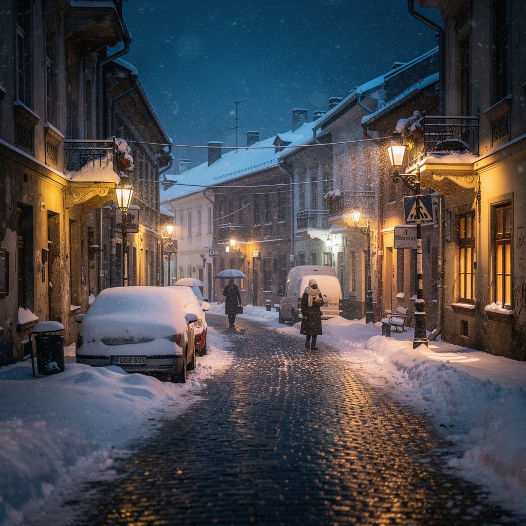 AI generated: Bucharest| street| old town| old city| winter| heavy snow| comprehensive cinematic| Atmosphere| Mast...