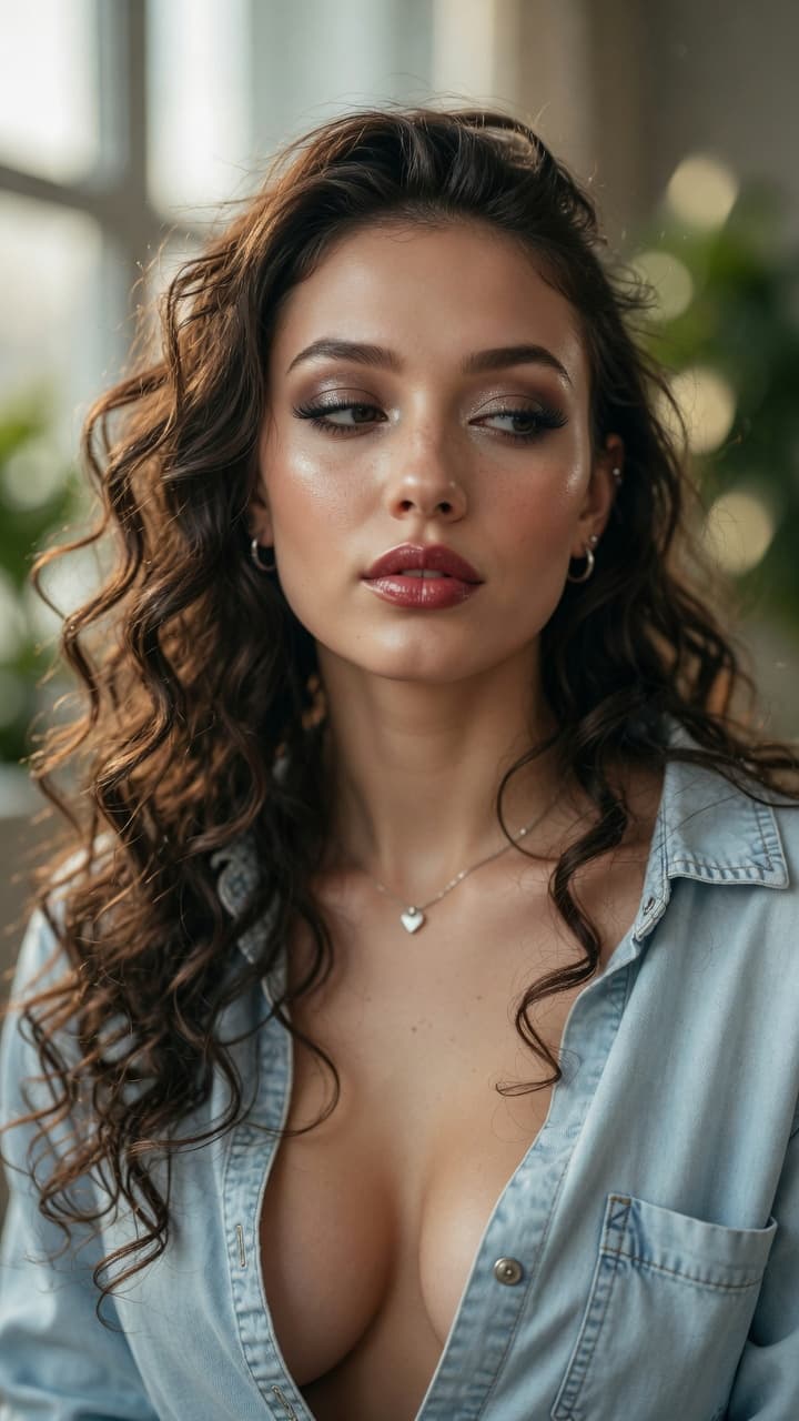 AI generated: Ultra-realistic portrait photography of a stunning young woman with long, voluminous, wavy dark brow...