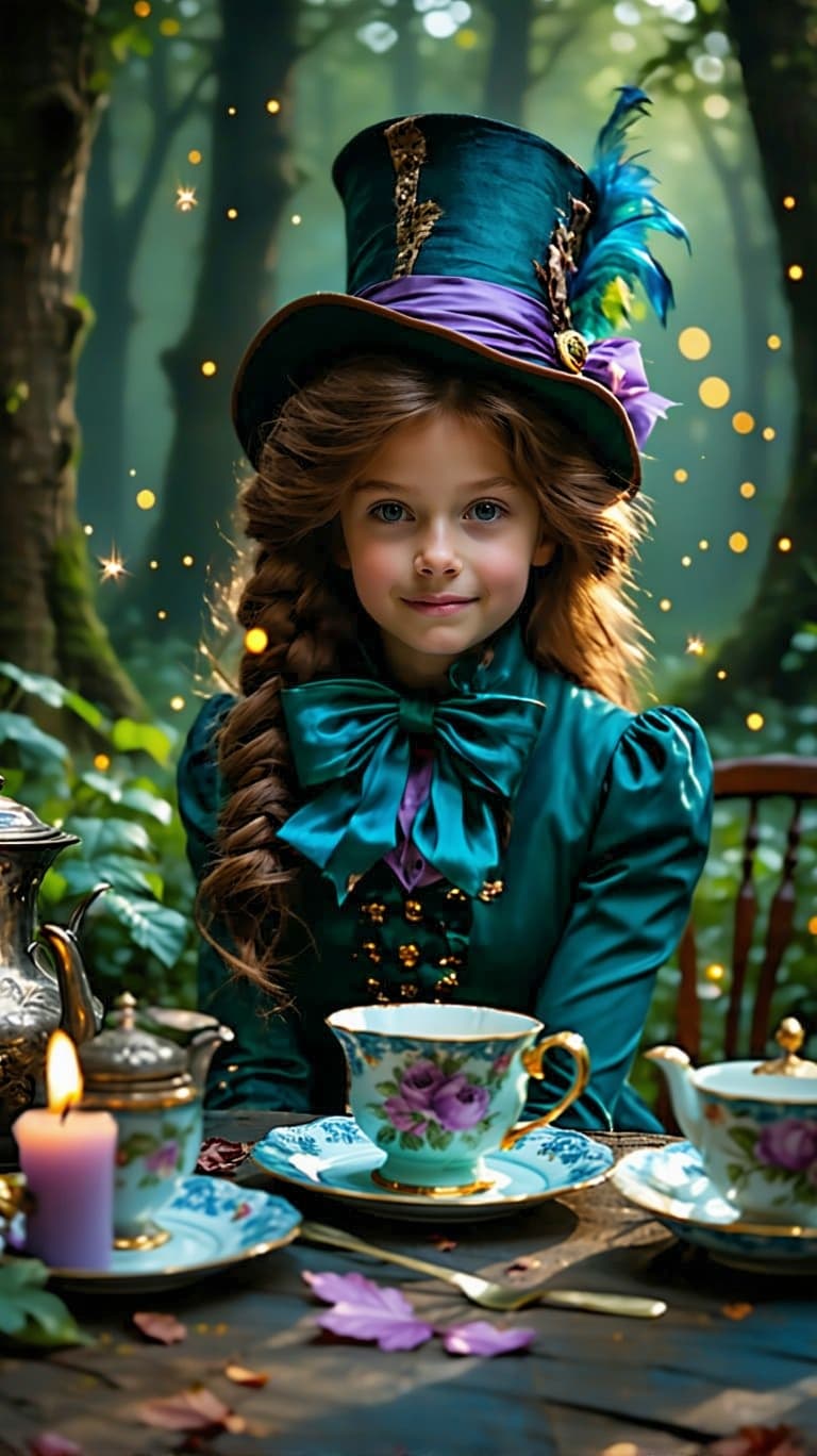 AI generated: a professional photo of a realistic of a pretty tween christina dressed as the Mad Hatter is sitting...