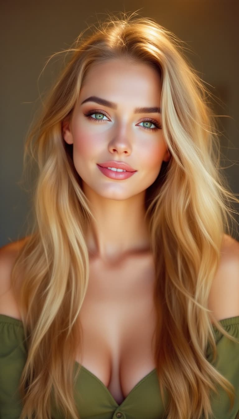 AI generated: "Image is a portrait-style photograph featuring a woman with long, flowing blonde hair that catches ...