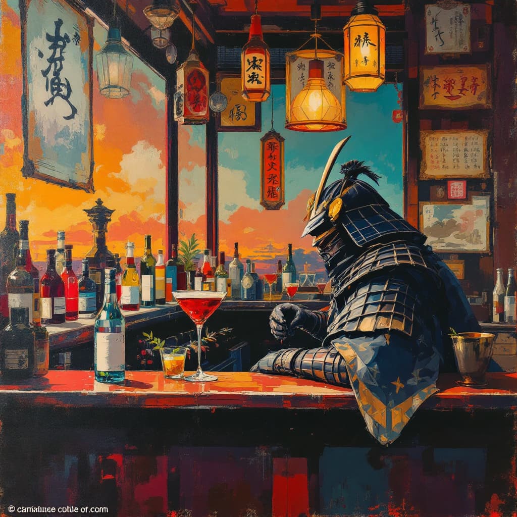 AI generated: A poster painted in oil with various colors depicting a samurai sitting at the bar counter of a mode...