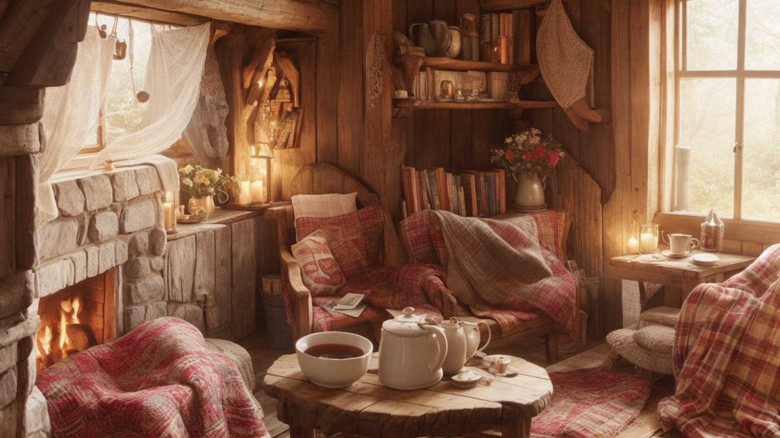 AI generated: Cozy Cottage Nook: A sun-drenched reading nook tucked into a charming cottage, exposed wooden beams ...