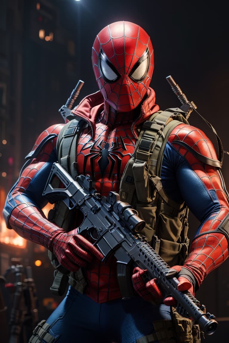 AI generated: A Spiderman holding an AK47 along with M416, armored, having grenades, 4k technology,