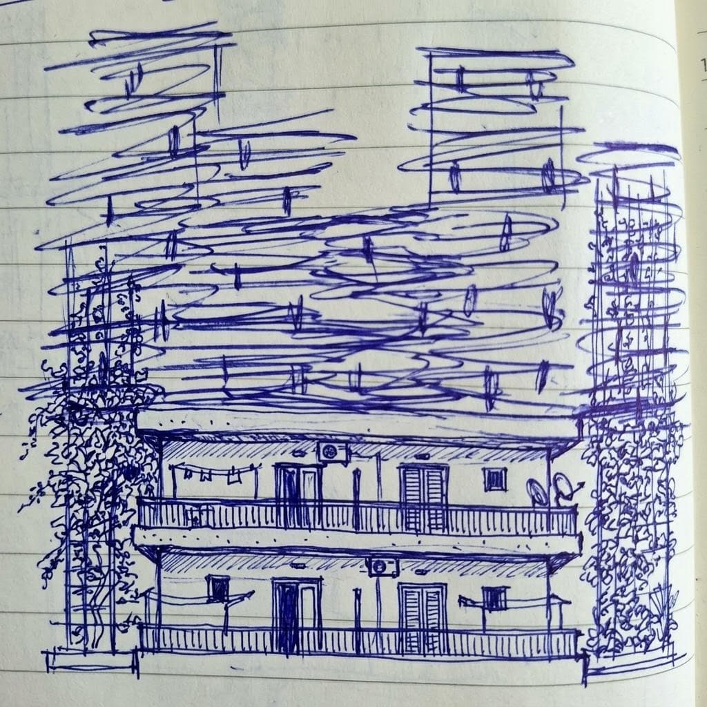 AI generated: Make this sketch building look like an athenian polykatoikia. Keep the lines and geometry of the pic...