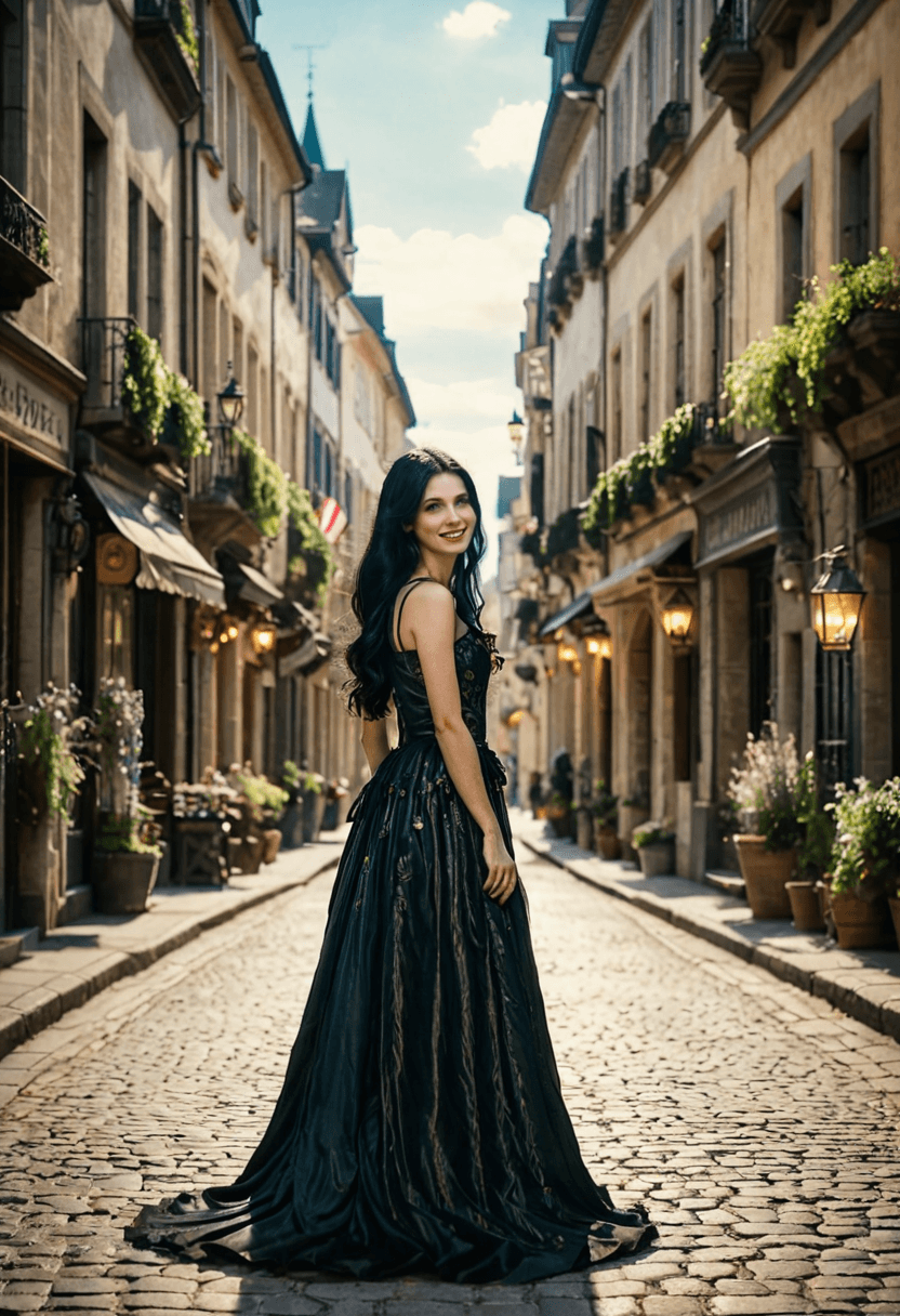 AI generated: fairy tale photograph of a woman standing on a street in a city, naturally beautiful, long black hai...