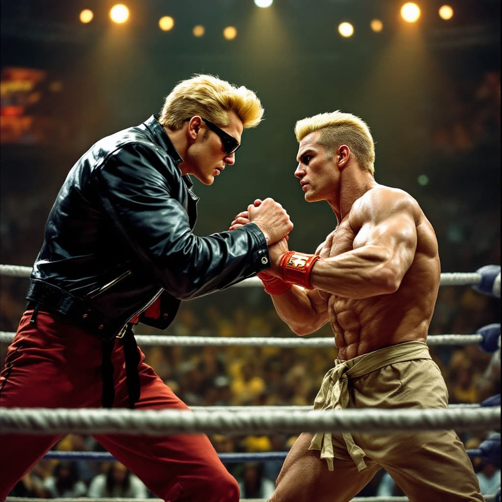 AI generated: johnny bravo with his 50's style blonde greaser hairdo and black  leather jacket  and black rayban l...