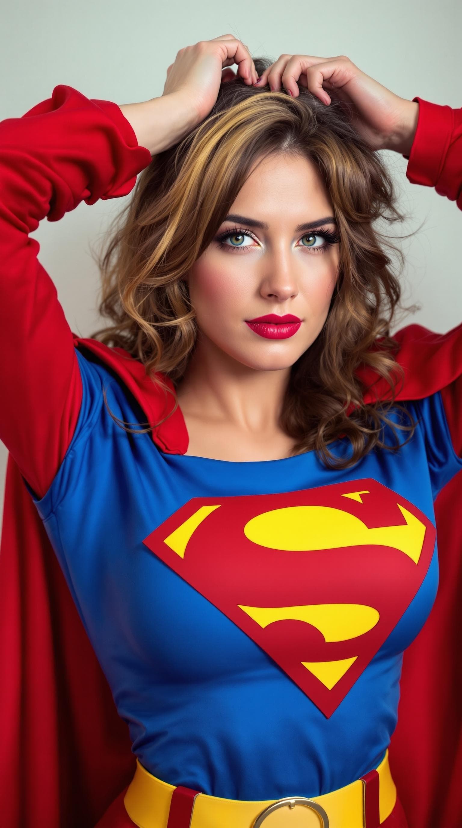 AI generated: a woman in a superman costume posing for a picture with her hands on her head and her shirt open, Co...