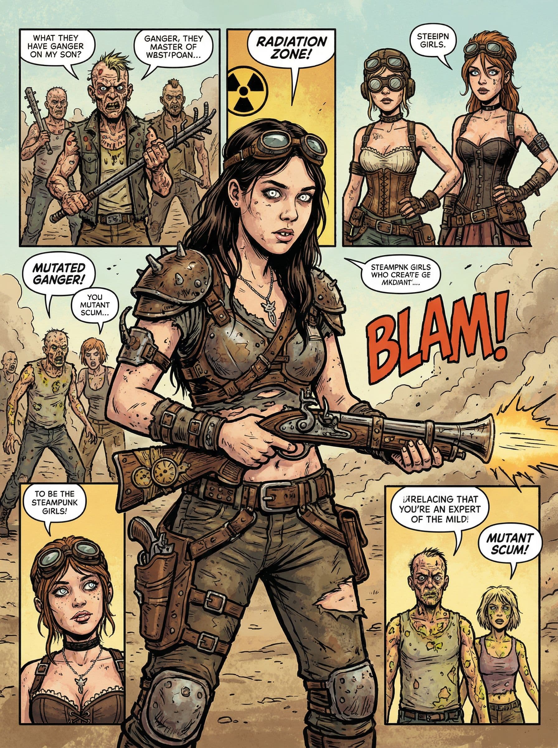 AI generated: Full body shot 3/4 view, young beautiful European woman, holding a gun, random illustrations to fill...