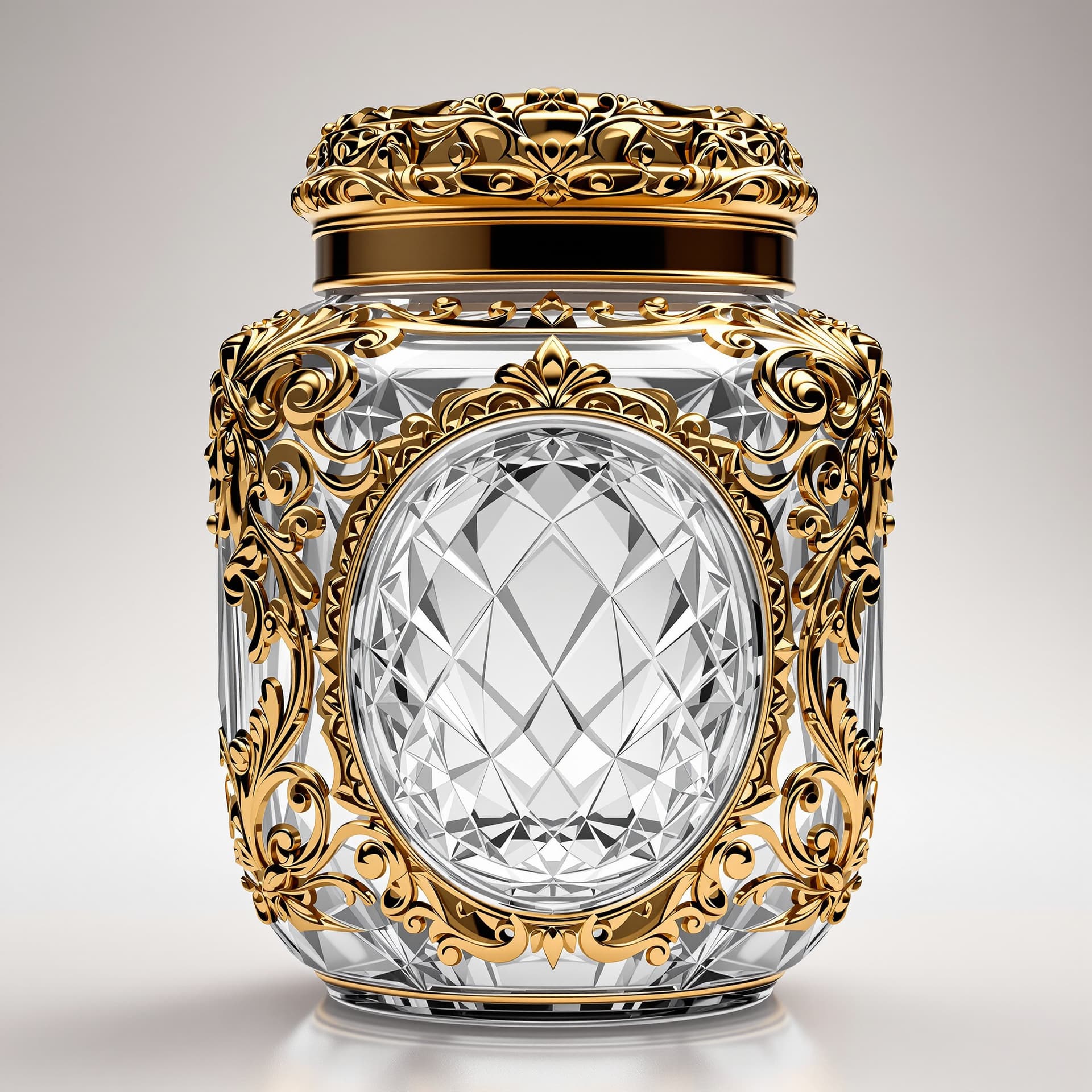 AI generated: Elegant Classic Jar Crystal Glass with an ornate detailed gold lid, there is a cut in the middle of ...