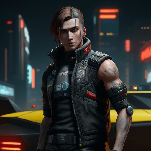 AI generated: a male protagonist of cyberpunk 2077 with a tuft, brown hair, red eyes, oily complexion, while killi...
