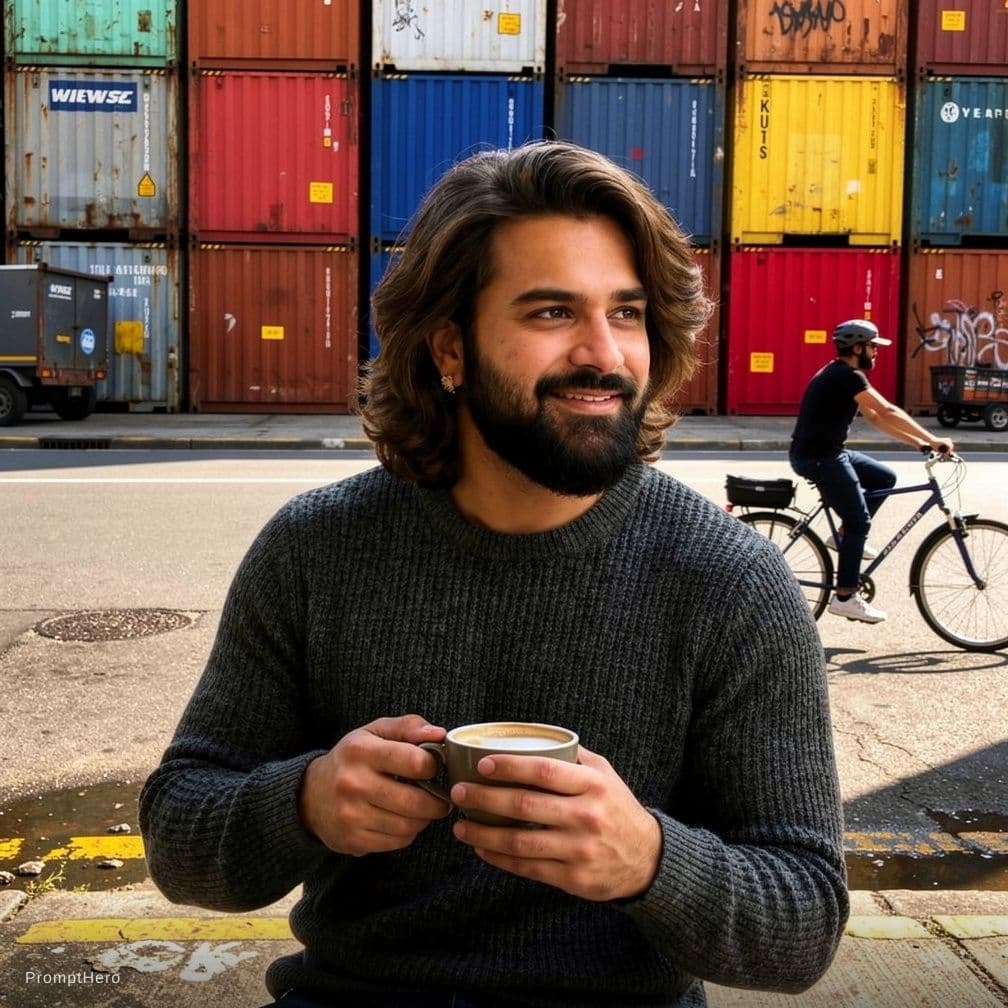AI generated: contemporary street scene, professional man model with a colorful backdrop of stacked crate, street ...