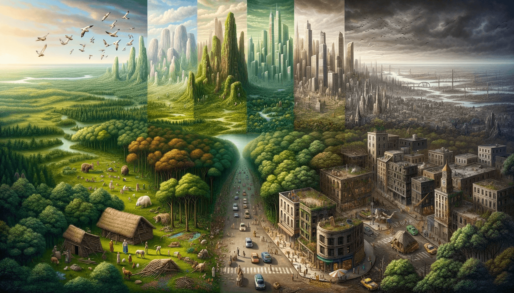AI generated: Realistic image divided into five sections. The initial segment radiates with the untouched splendor...