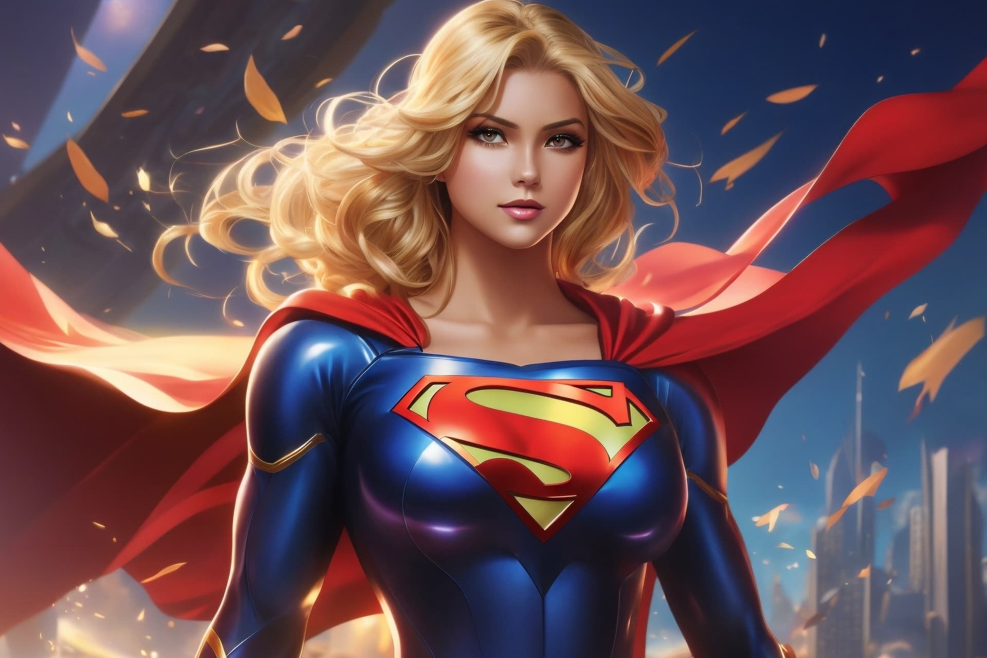 AI generated: In a stunning portrayal, a radiant Supergirl is depicted with a flawless athletic physique and Big b...