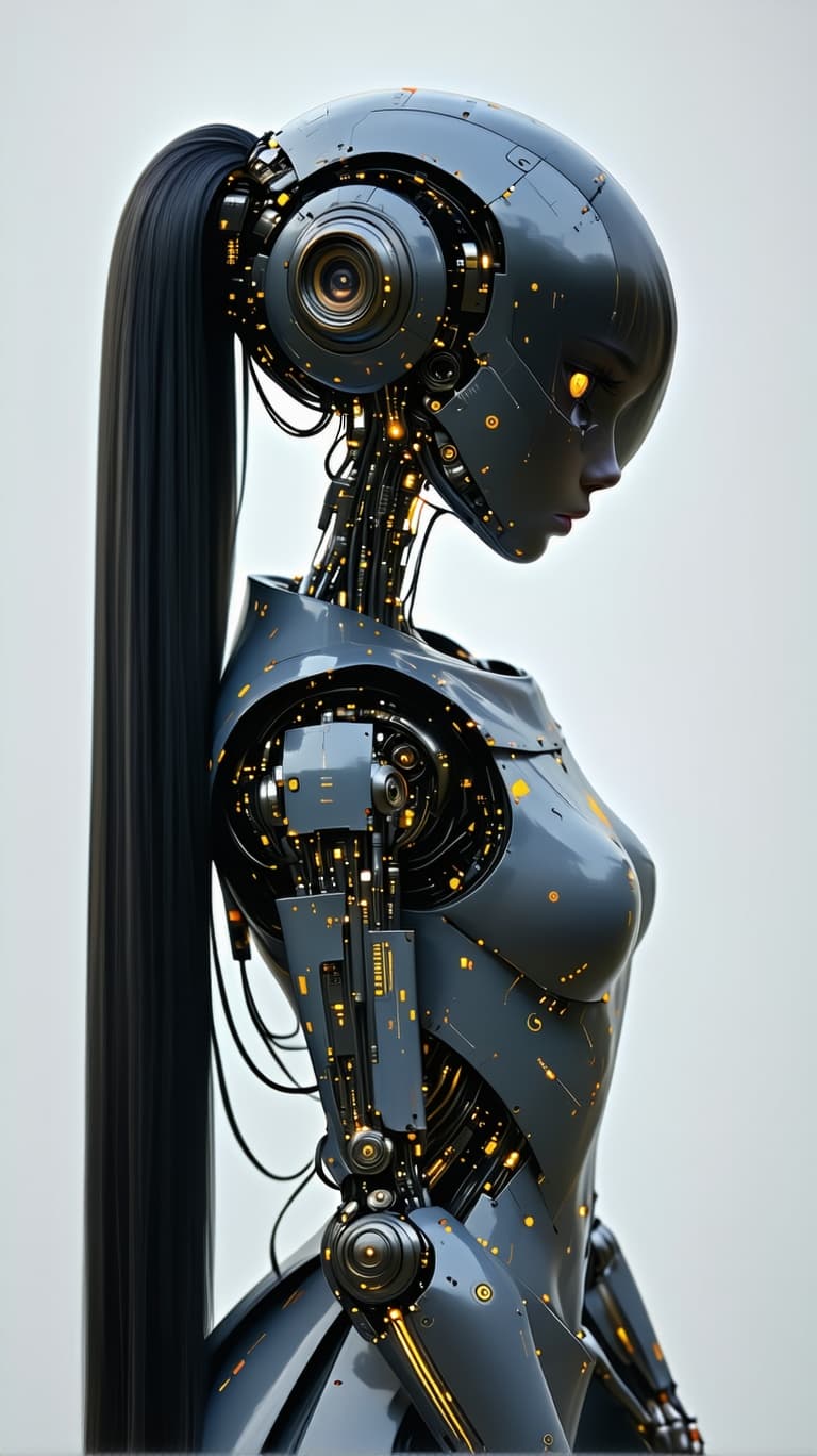 AI generated:  Wednesday Addams, cyberpunk style, a beauty cyborg mechanical fibre girl wearing a dress with long ...