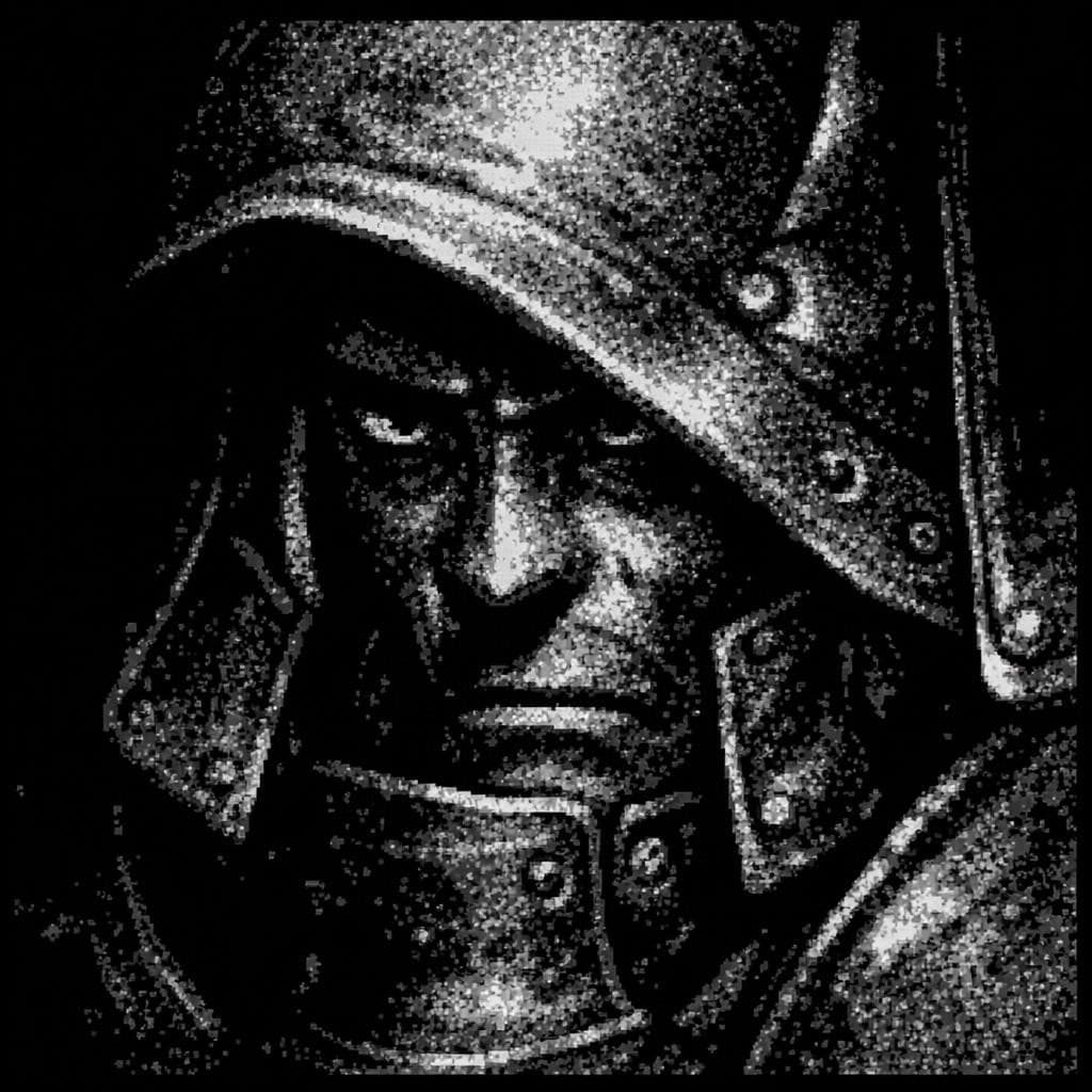 AI generated: Adelbert Steiner from Final Fantasy IX, pixelated grayscale style, dithering effect, monochrome blac...