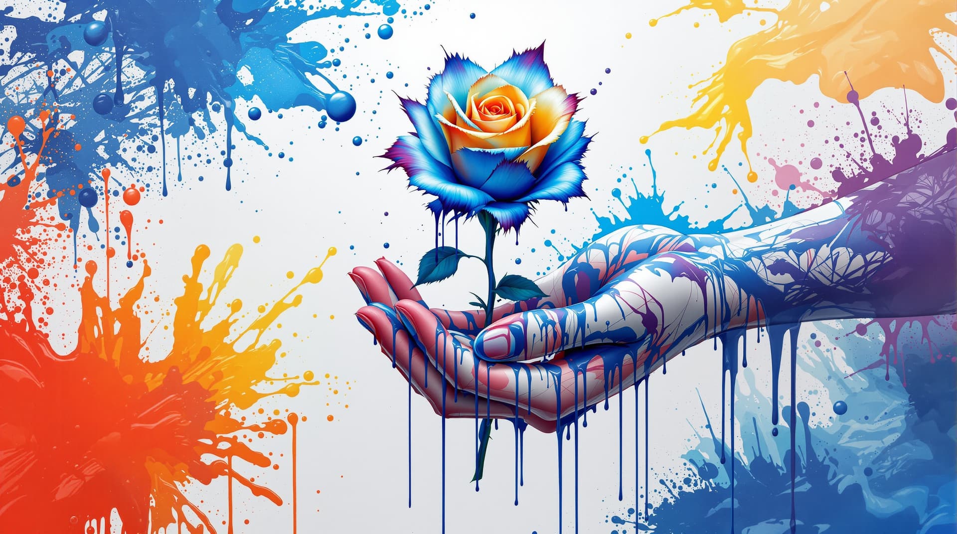 AI generated:  random pose,  two hands hyper realistic with asiatic tatoo skin, giving   a  wkite and blue fringed...