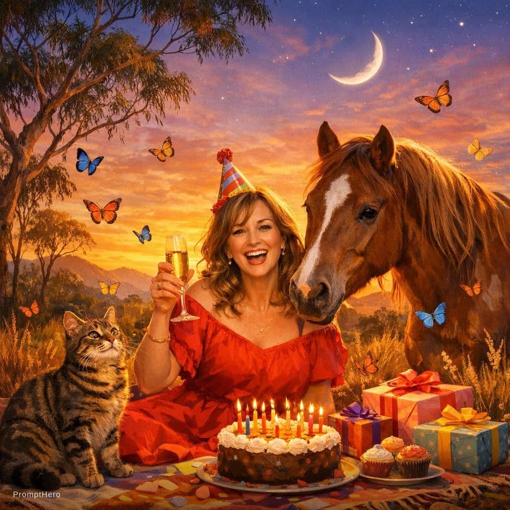 AI generated: A vibrant and joyful scene for a woman celebrating her birthday. The scene is set in the Australian ...