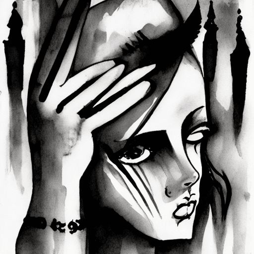 AI generated: Sweeping dark duotone ink washes expressing gothic girl as rhythms of change --ar 3:2 --style raw 
