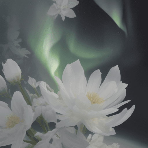 AI generated: northern lights on a white background, around thin lines and translucent flowers
