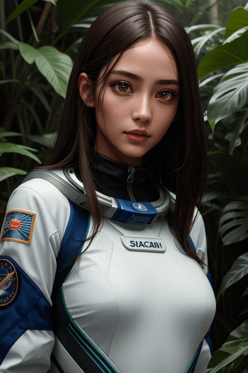 AI generated: A girl in a spacesuit without a helmet. On another planet in the rainforest. Slim body. A beautiful ...