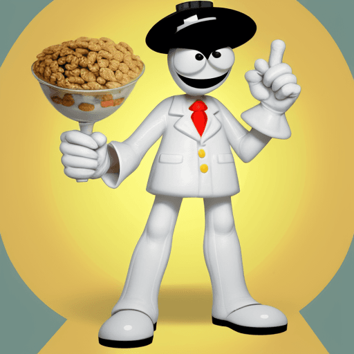 AI generated: a Cereal bowl with cartoon stick legs and arms, White gloves on his hand with 4 fingers, holding a t...